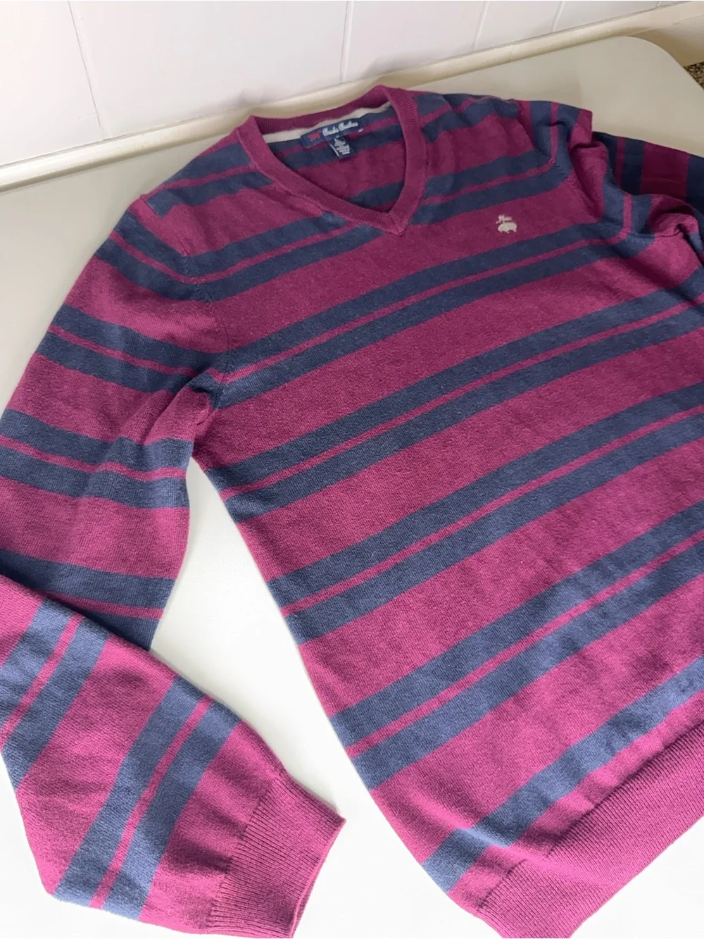 Brooks Brothers Burgundy and Charcoal Striped V-Neck Sweater